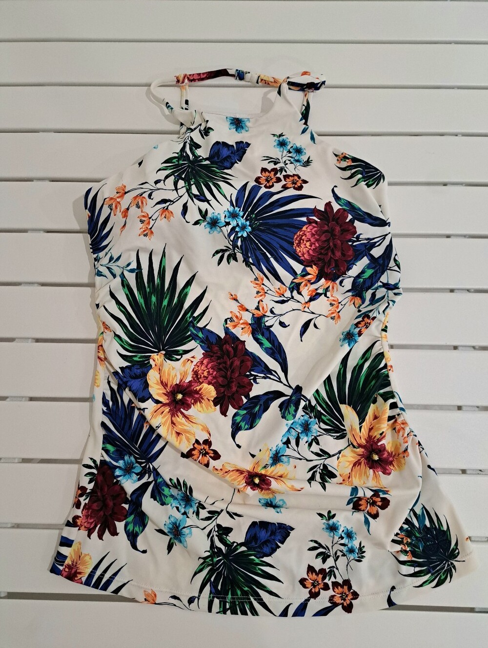 Hapari Tankini Top Women's 12-14 White Floral Tropical High Neck Ruched Side